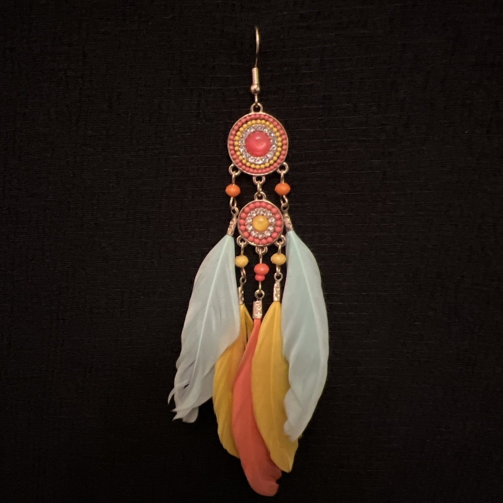 Boho Feather Single Dangle Earring Turquoise Yellow Orange Statement Earring - Picture 4 of 7